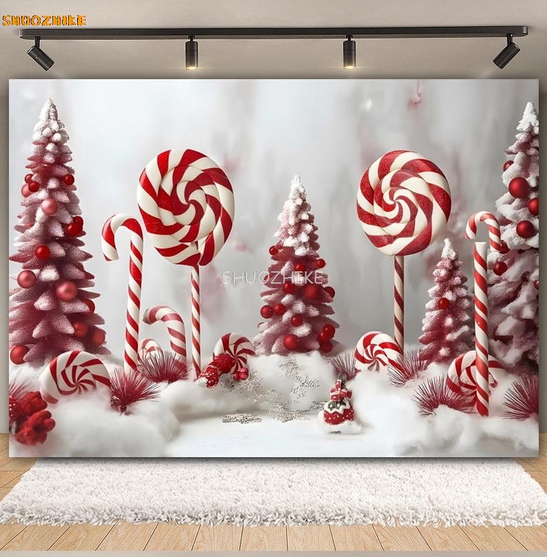 クリスマス写真の背景,クリスマスツリーの鐘,赤,白,キャンデ - Photography Backdrop Muslin のレビューと価格