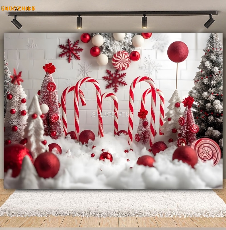 クリスマス写真の背景,クリスマスツリーの鐘,赤,白,キャンデ - Photography Backdrop Muslin のレビューと価格