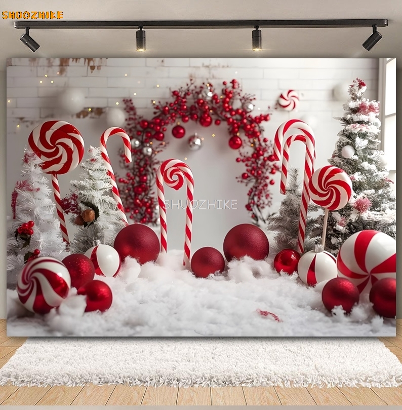 クリスマス写真の背景,クリスマスツリーの鐘,赤,白,キャンデ - Photography Backdrop Muslin のレビューと価格