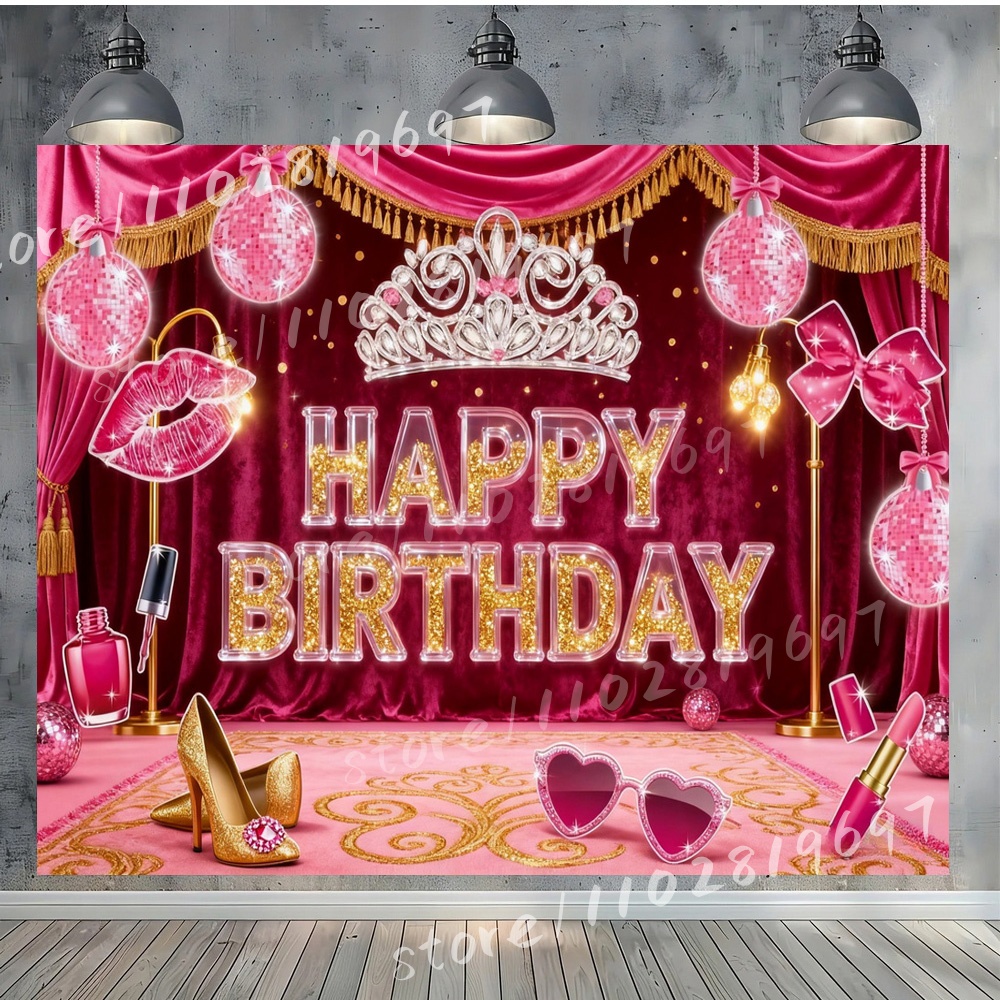 クラウン ピンク ディスコ ボール 誕生日 ビニール背景 写 - Photography Backdrop Muslin のレビューと価格