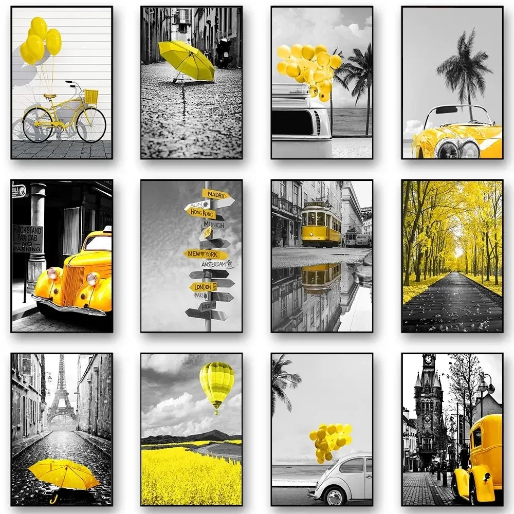 黒と白のヨーロッパ風景写真家の装飾北欧キャンバス絵画壁アート - Photography Yellow のレビューと価格