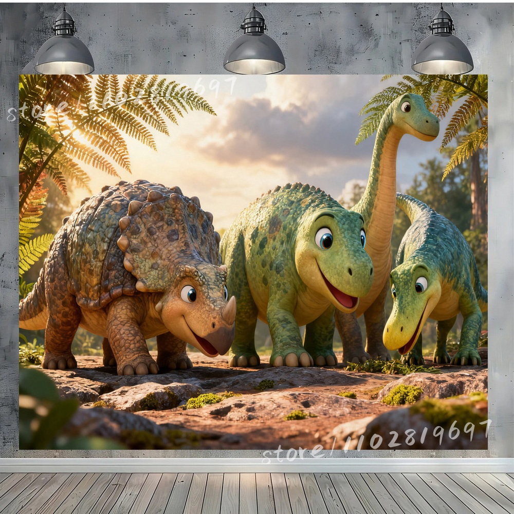 ビニール写真撮影背景幕 楽しい恐竜とジャングルの動物の背景  - Photography Backdrop Muslin のレビューと価格
