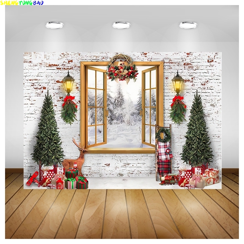 カスタムビニール写真背景,クリスマスツリー,窓の花輪,木製の - Photography Backdrop Muslin のレビューと価格